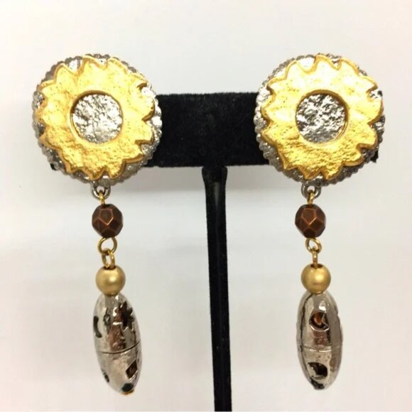 VINTAGE LIZ CLAIBORNE CELESTIAL MIXED METAL DANGLE EARRINGS CLIP ON 80S SUN MOON - Picture 3 of 14